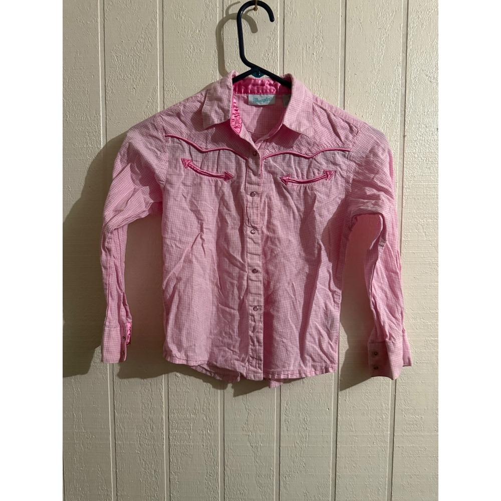 Wrangler Girls Pink Gingham Western Snap Shirt Long Sleeve Size M 8 Cotton